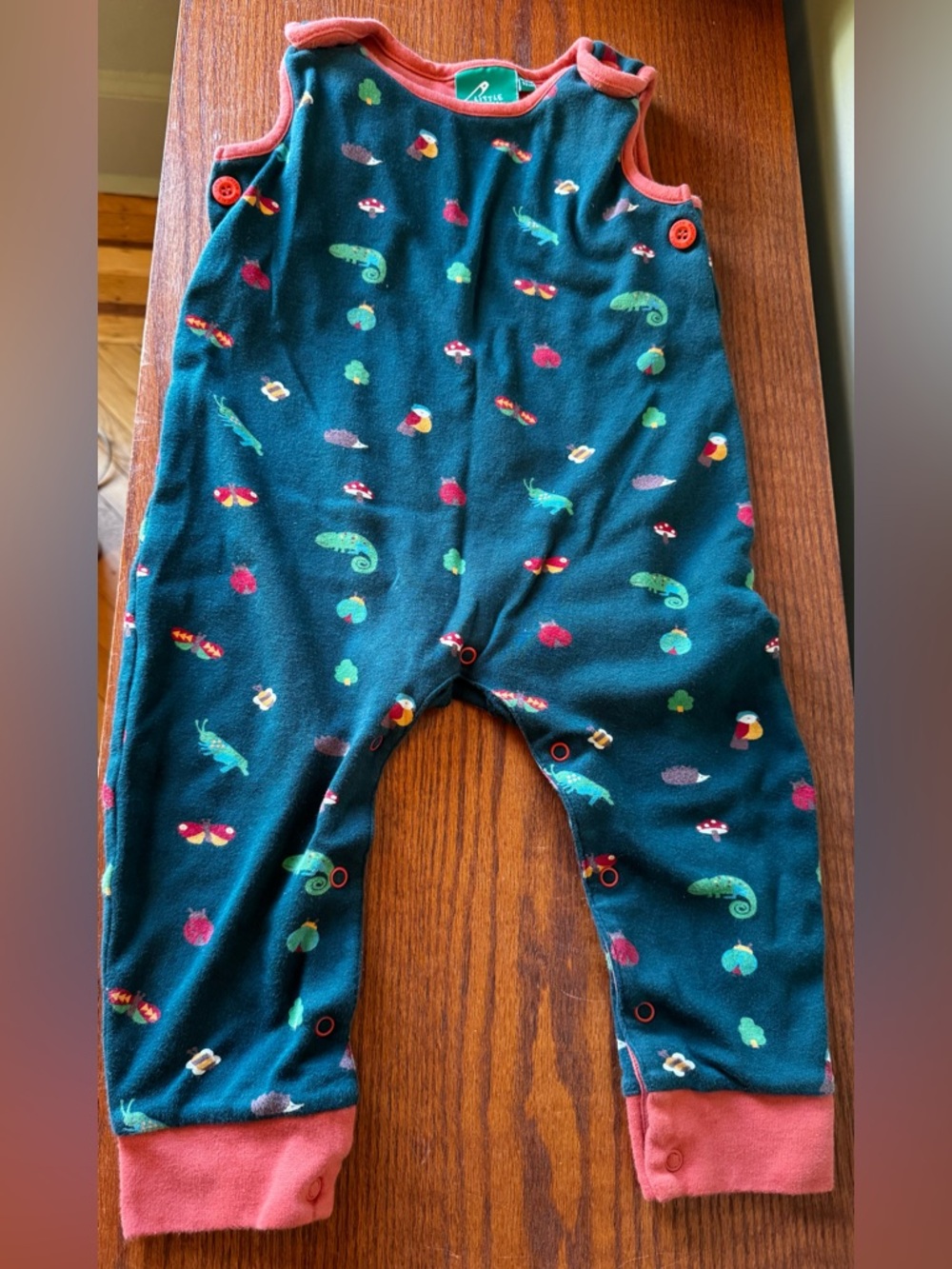Little Green Radicals teal romper with coral trim and multicolor print